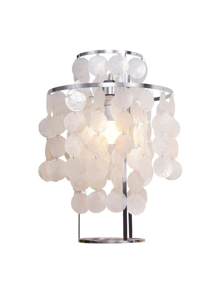 Illuminated chrome-tone round-base lamp with pale shell discs