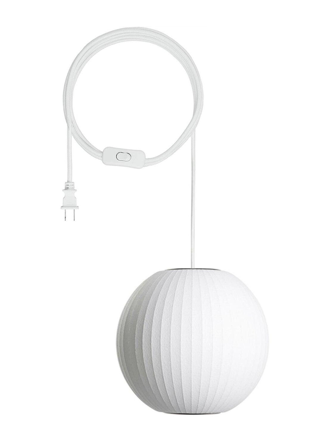 Model E rounded white ribbed pendant with flatter top and bottom, cord, switch and two-prong plug