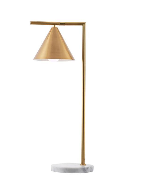 Isolated gold-tone cone lamp with right stem and round marble base