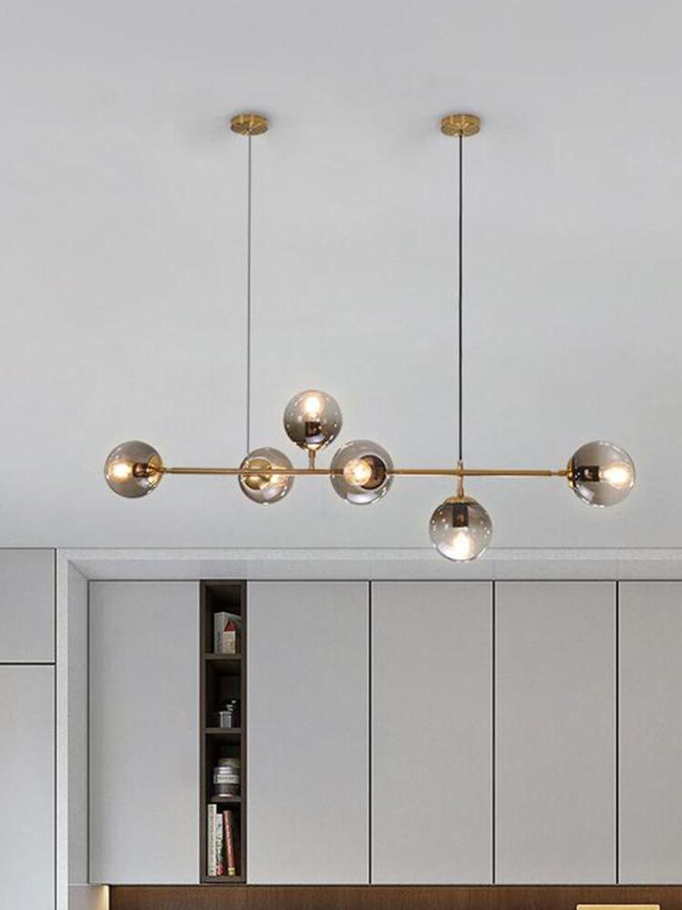 Brass-coloured globe chandelier with two ceiling plates