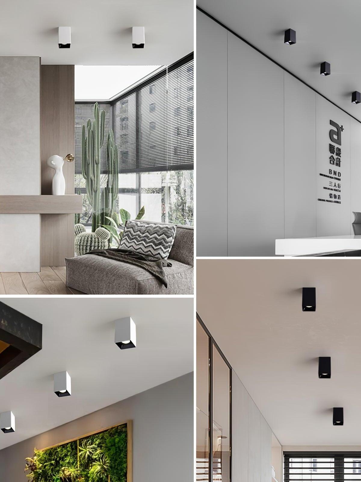 Four-panel collage of black and white square ceiling spots in living, display and hallway settings