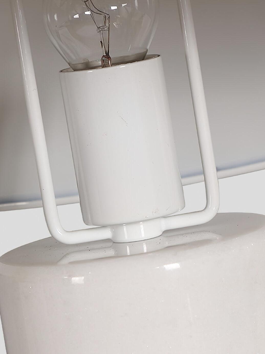 Close view of bulb holder beneath white shade