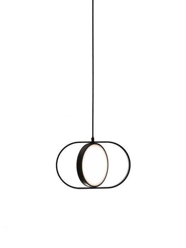 Horizontal black oval-frame pendant with a glowing disc and thick dark disc edge on a white background