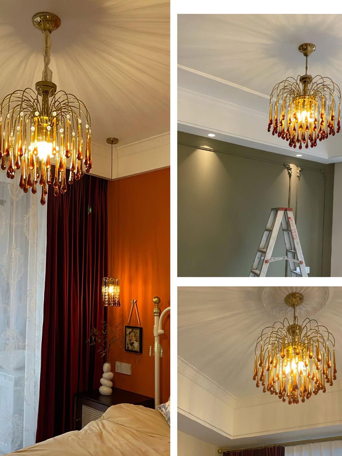 Collage of installed crystal chandelier views