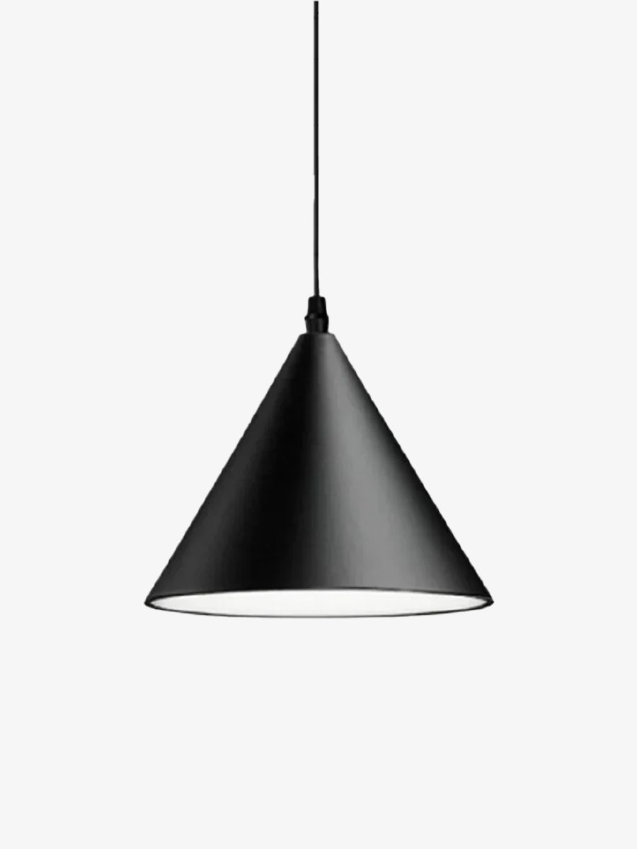 Smooth black conical shade with a pale underside and slim suspension cord against a pale background