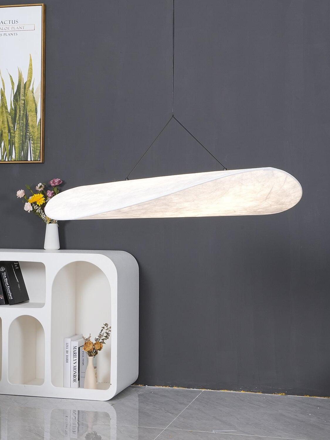 Tense pendant beside a white display shelf