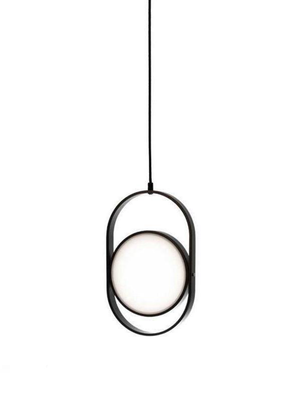 Tall black oval-frame pendant with a glowing round disc suspended from a single black cord on white