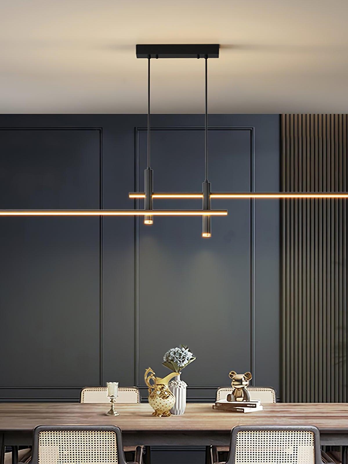Black Link pendant with two offset illuminated bars above a wooden dining table