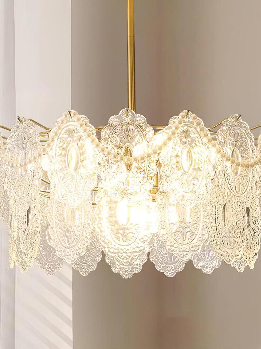 Close view of hanging clear patterned ornaments