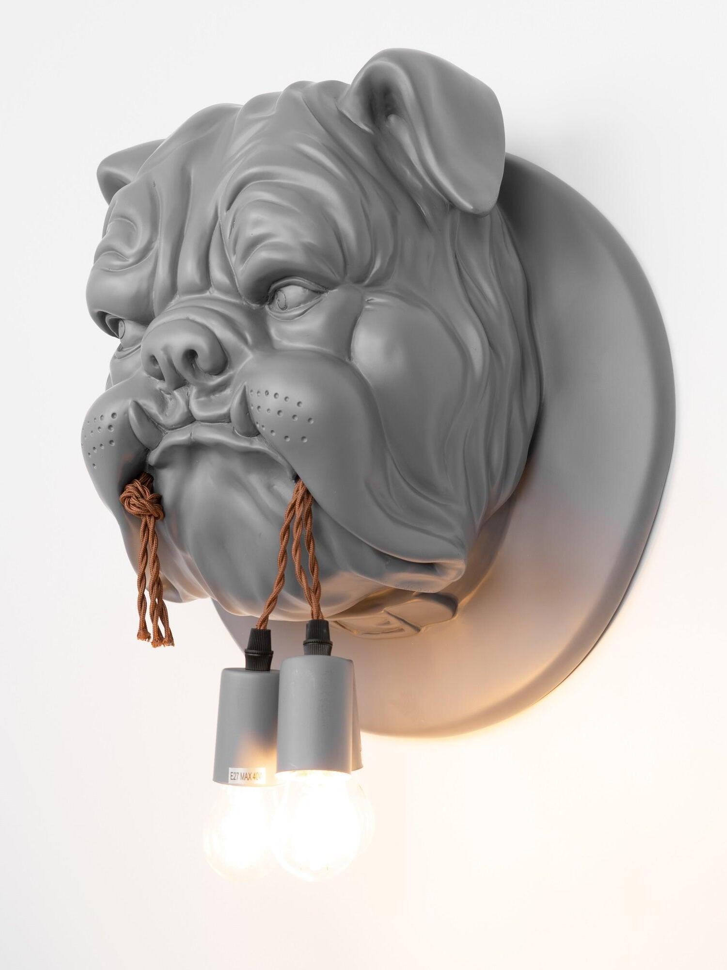 Angled grey bulldog head with glowing hanging bulbs