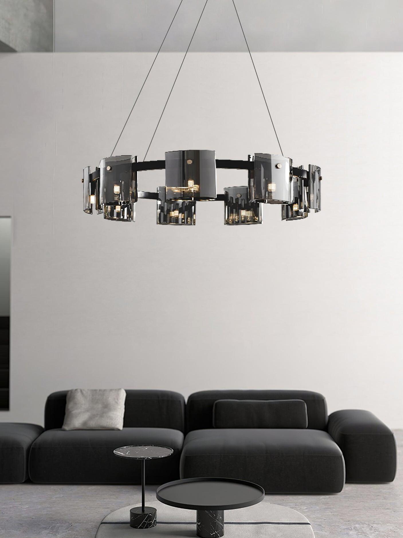 Corlota ring chandelier above a dark sofa