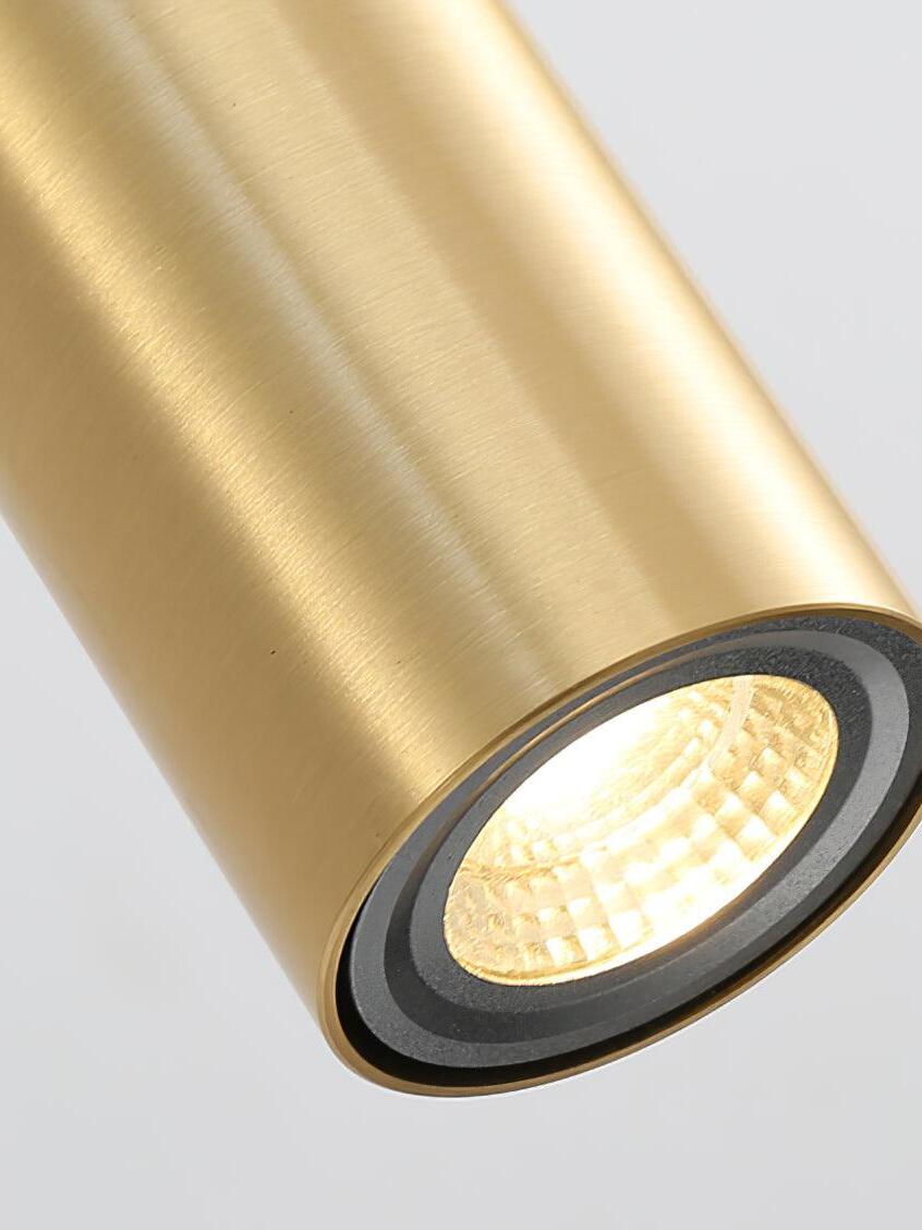 Close view of the illuminated GU10 spotlight face on an Antonella lamp