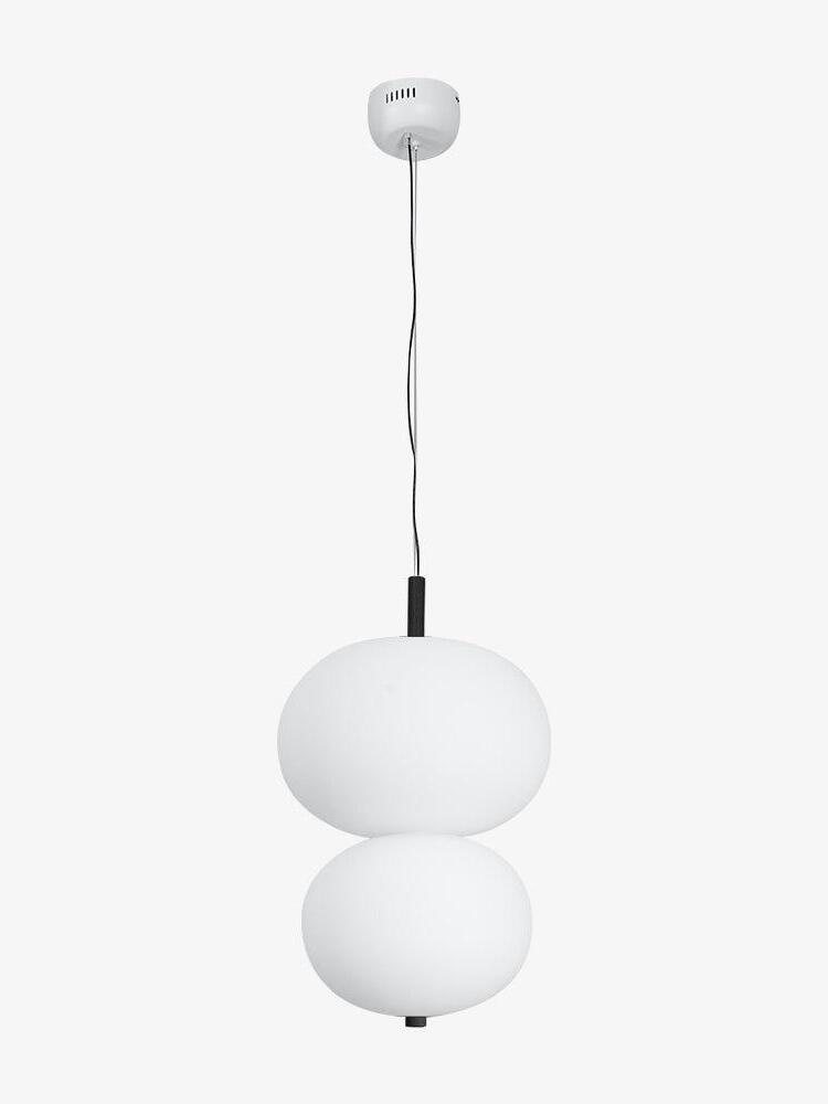 Two stacked white glass globes on a black stem with a visible suspension cable