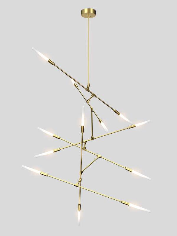 Tall gold-coloured Dawn chandelier with intersecting branches at several levels