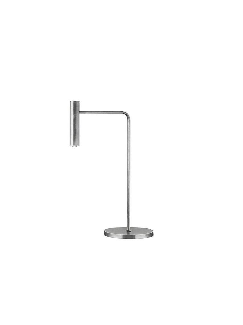 Silver-tone cylinder-head table lamp with slim bent arm and round base