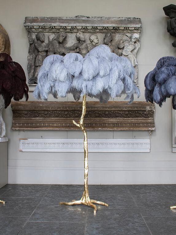 Art Deco Brass Ostrich Feather Floor Lamp - Cueteks