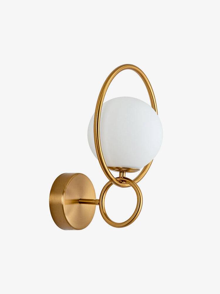 Fort Halo gold wall sconce with white globe and lower metal loop