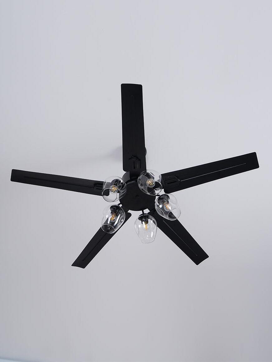 Unlit fan blades and glass cluster from below