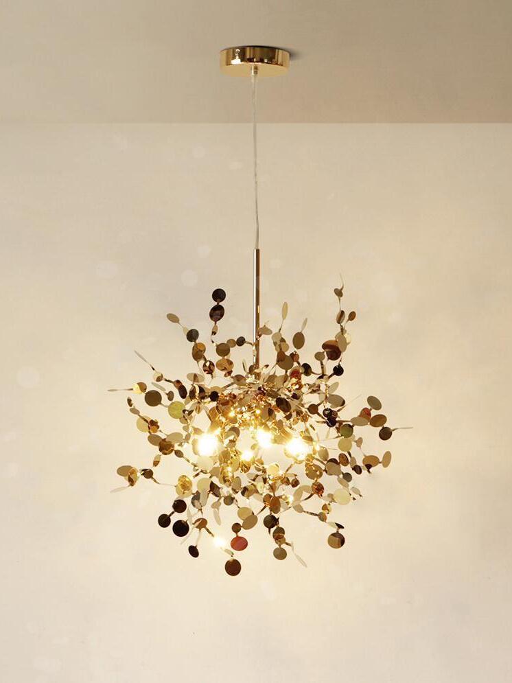 Gold single disc chandelier with a lit centre and round canopy