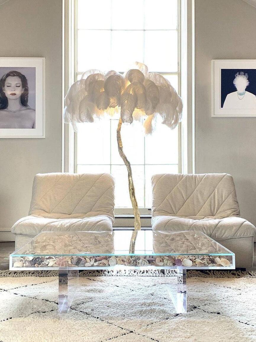 Art Deco Brass Ostrich Feather Floor Lamp - Cueteks
