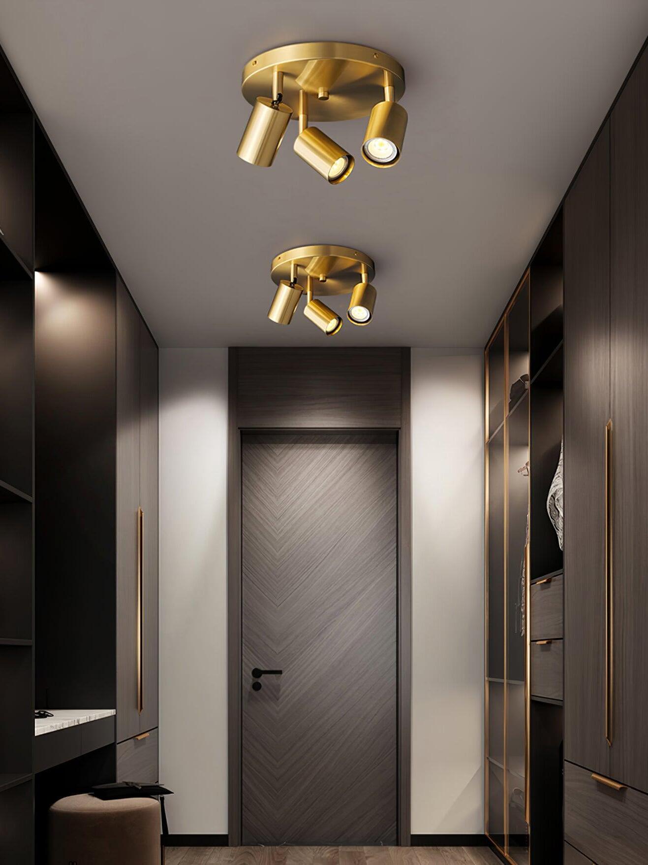 Two brass ceiling spotlights installed in hallway