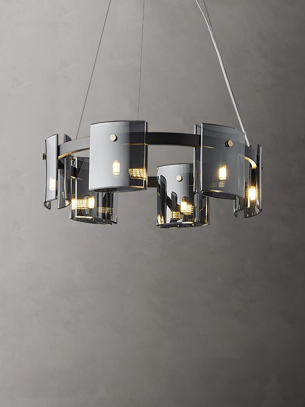 60 cm Black Corlota ring chandelier with curved smoky glass panels and suspension wires