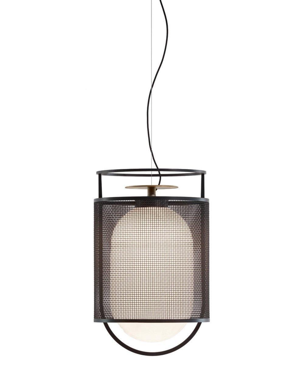Single black mesh pendant with pale glass diffuser and curved lower frame