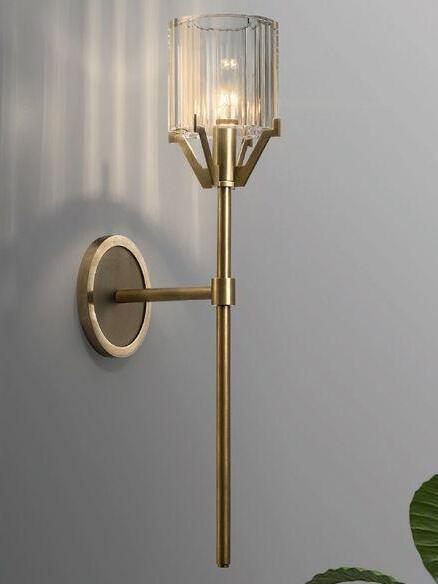 Gold clear-glass wall light viewed from the side