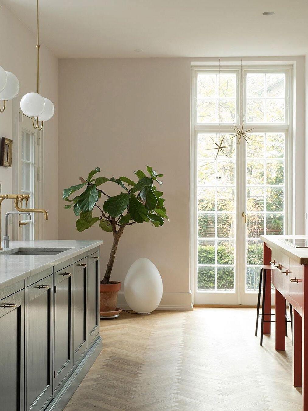 Opal globe light in a bright kitchen corner