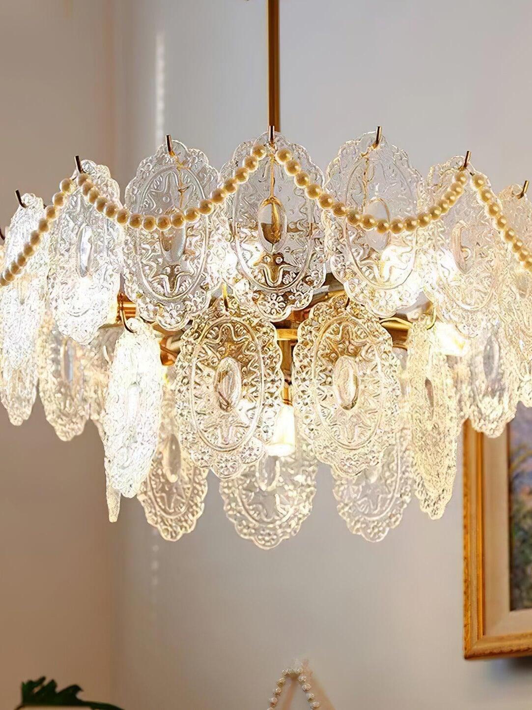Close view of bead swags and clear hanging ornaments