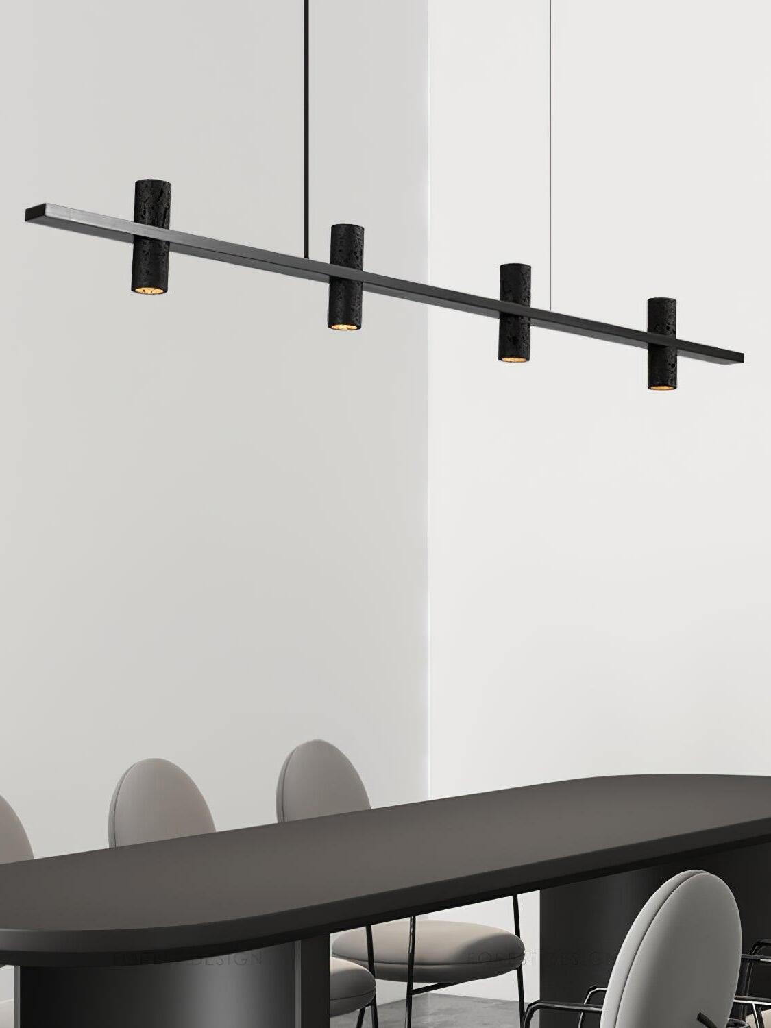 Angled view of a Black bar pendant above a table