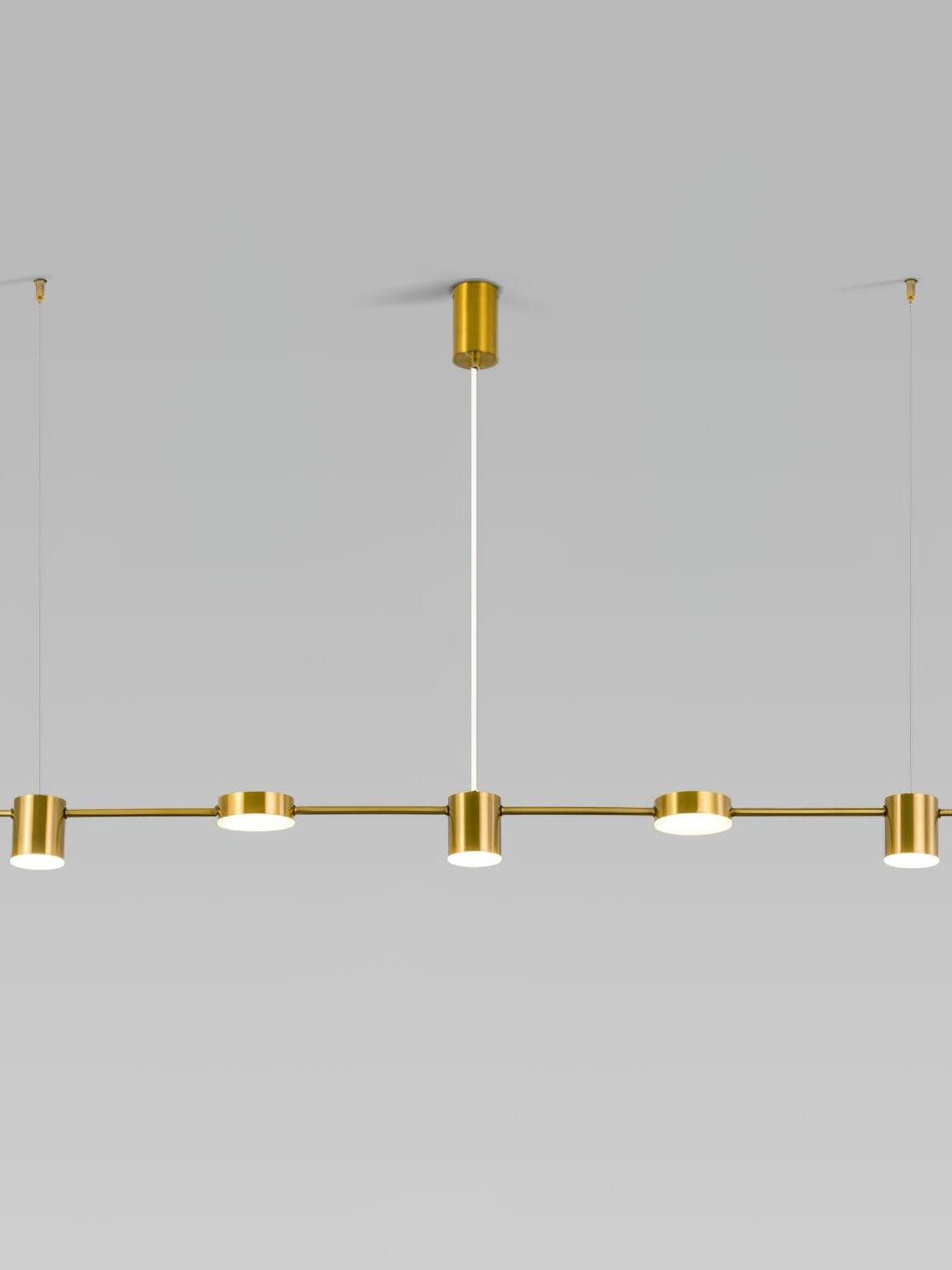 120 cm gold linear pendant with three cylinders and two shallow discs