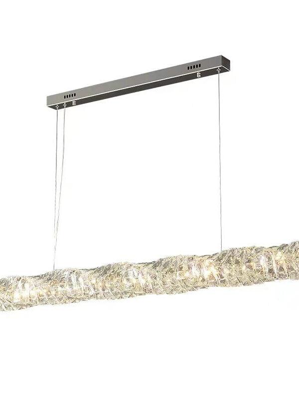 Isolated view of the long crystal pendant with a chrome rectangular canopy and two suspension wires
