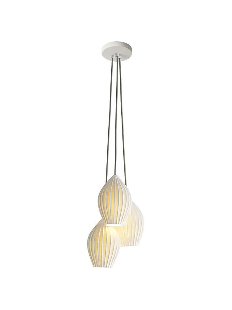 Three white ribbed ceramic shades suspended from one round canopy on separate cords