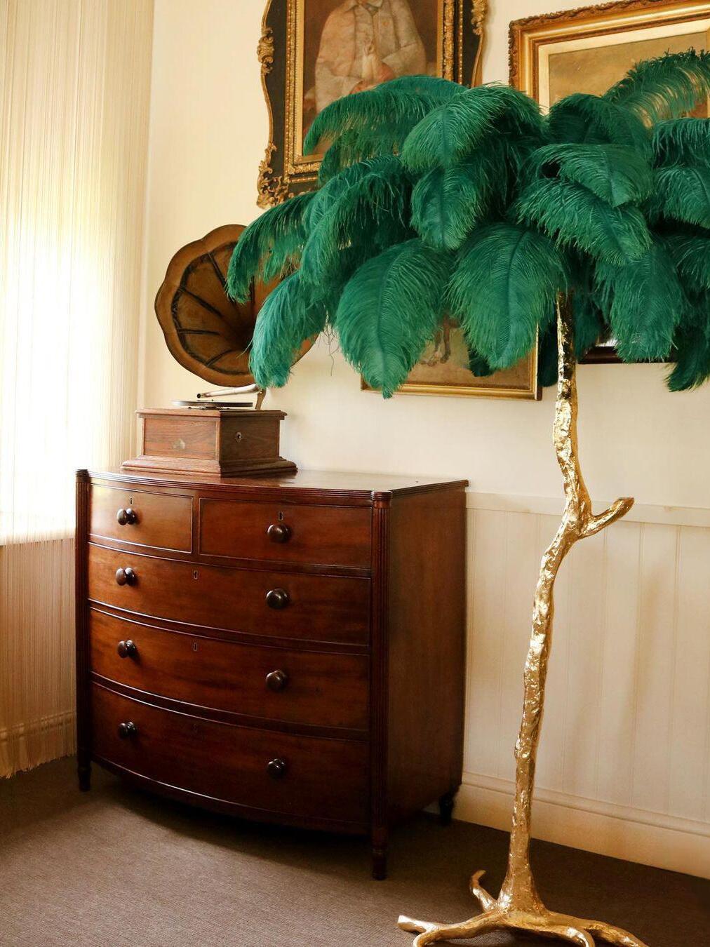 Art Deco Brass Ostrich Feather Floor Lamp - Cueteks
