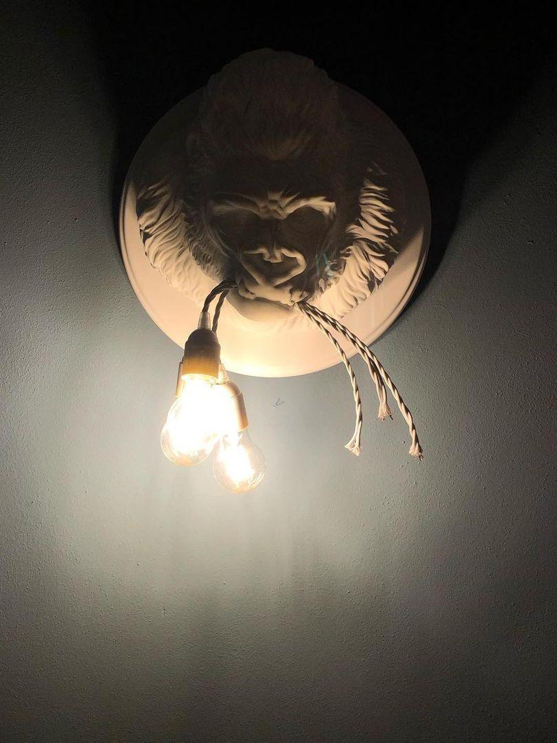 Dark gorilla face with pale round backing and warm glowing bulbs