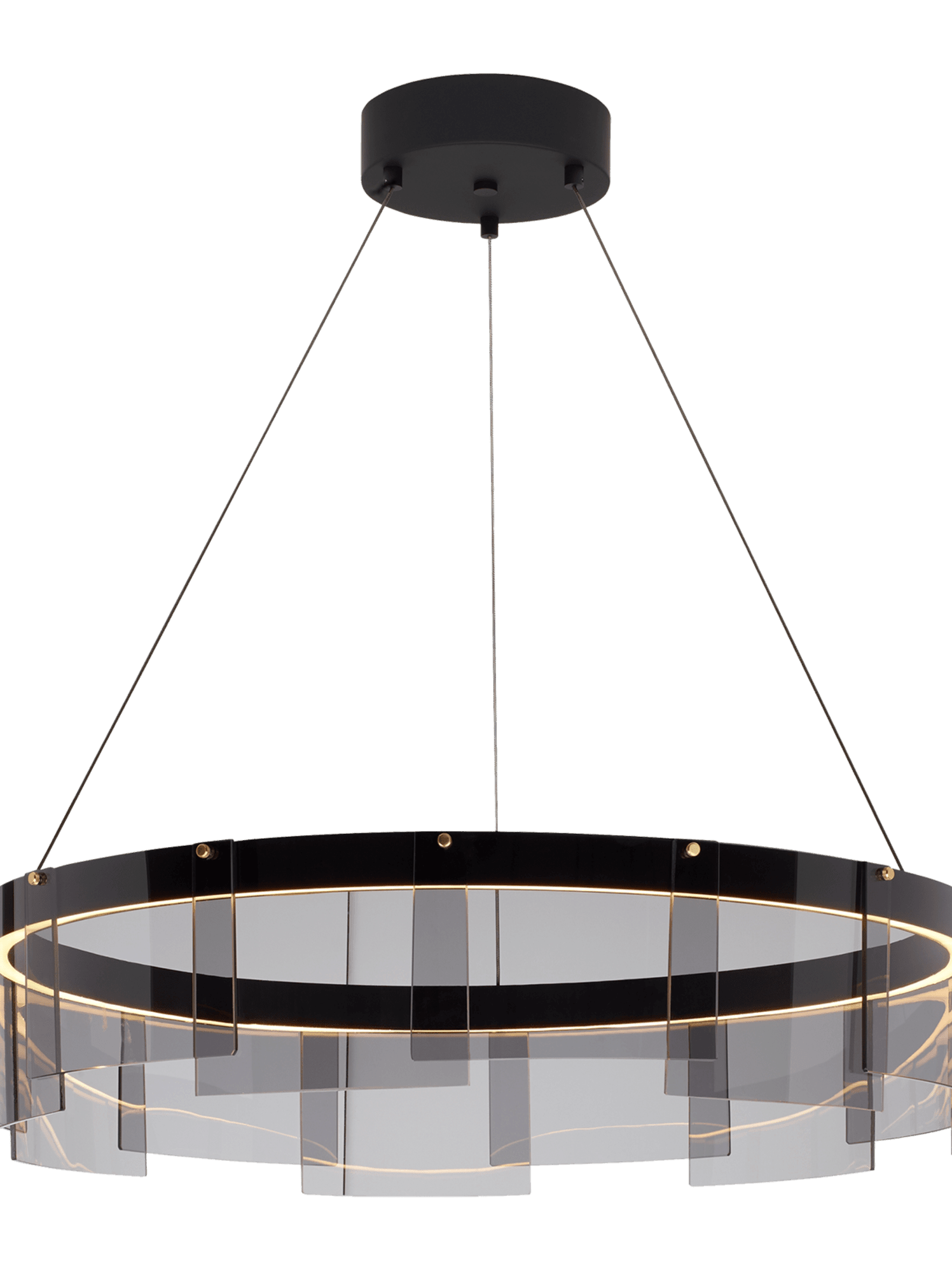 Black Stratos ring chandelier with overlapping glass panels and round canopy