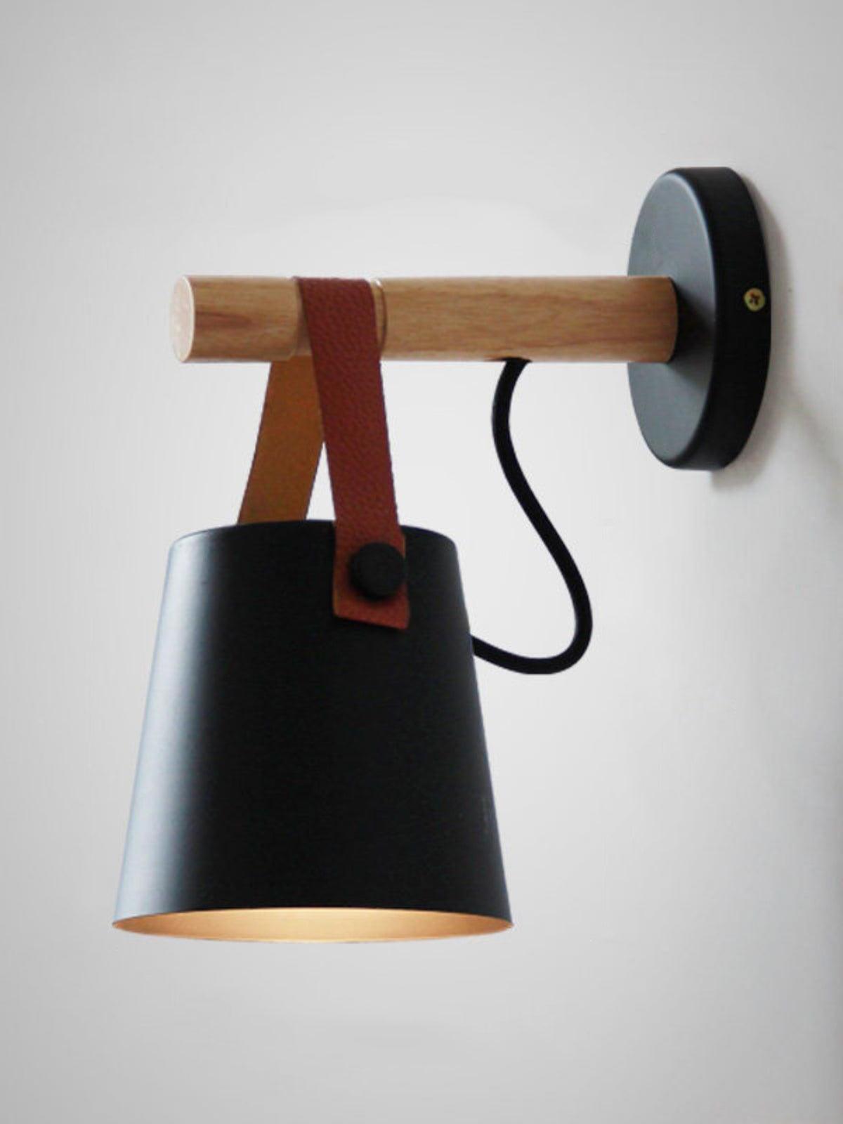 Black wall-light option with wood bar and brown strap