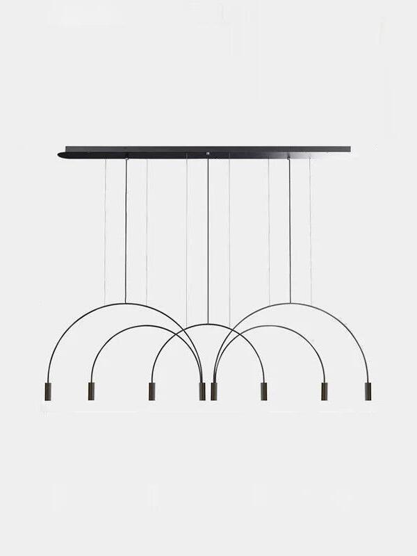 Eight-light Arcs pendant with overlapping black curves and black cylindrical heads