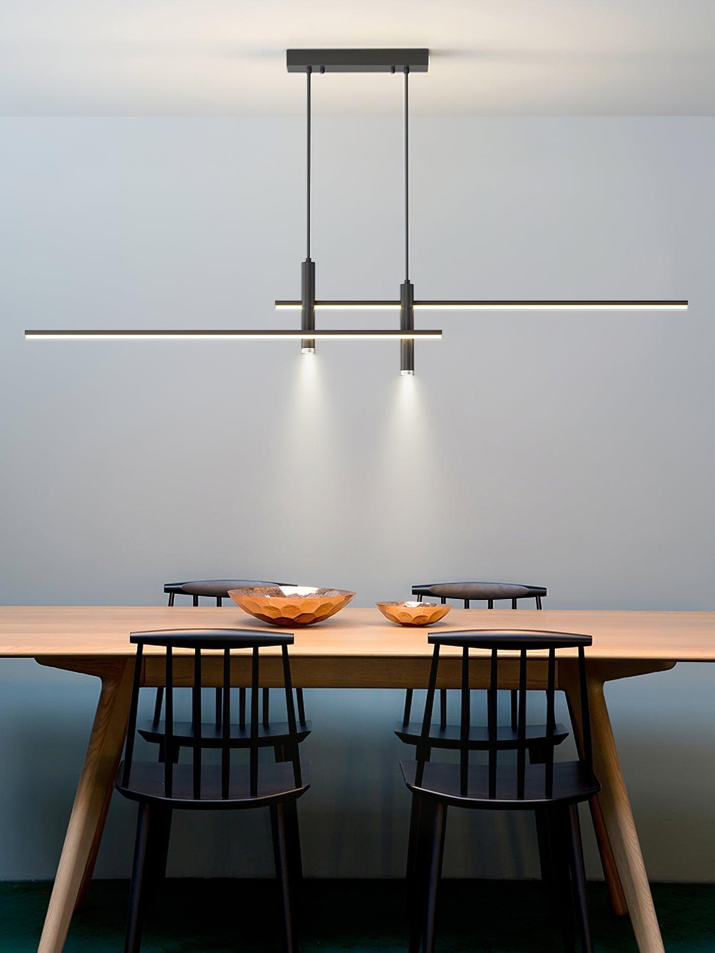 Offset-bar pendant above a wooden dining table