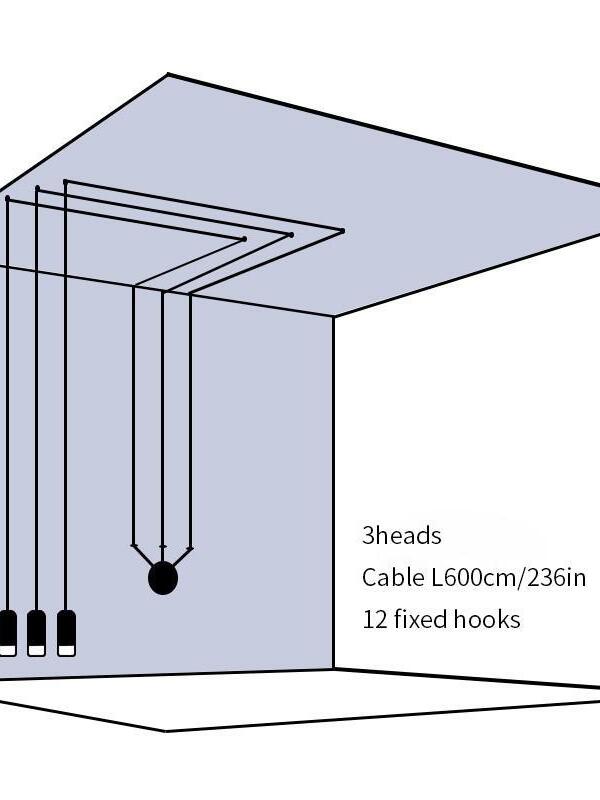Three-head wall-and-ceiling diagram marked cable L600 cm and 12 fixed hooks