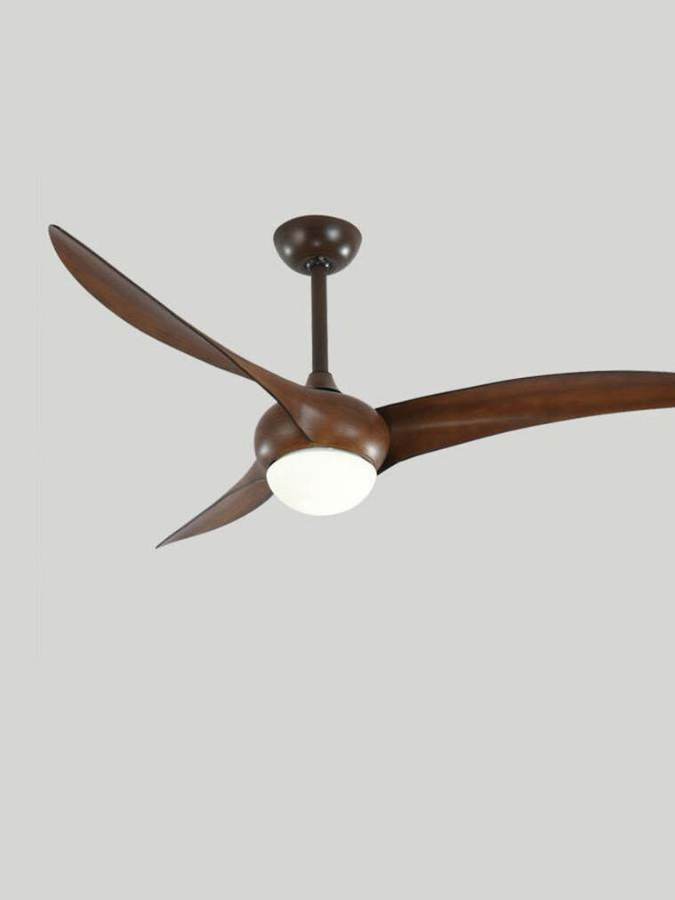 Dark brown sweeping fan blades with illuminated pale round diffuser and matching ceiling rod and canopy against gray