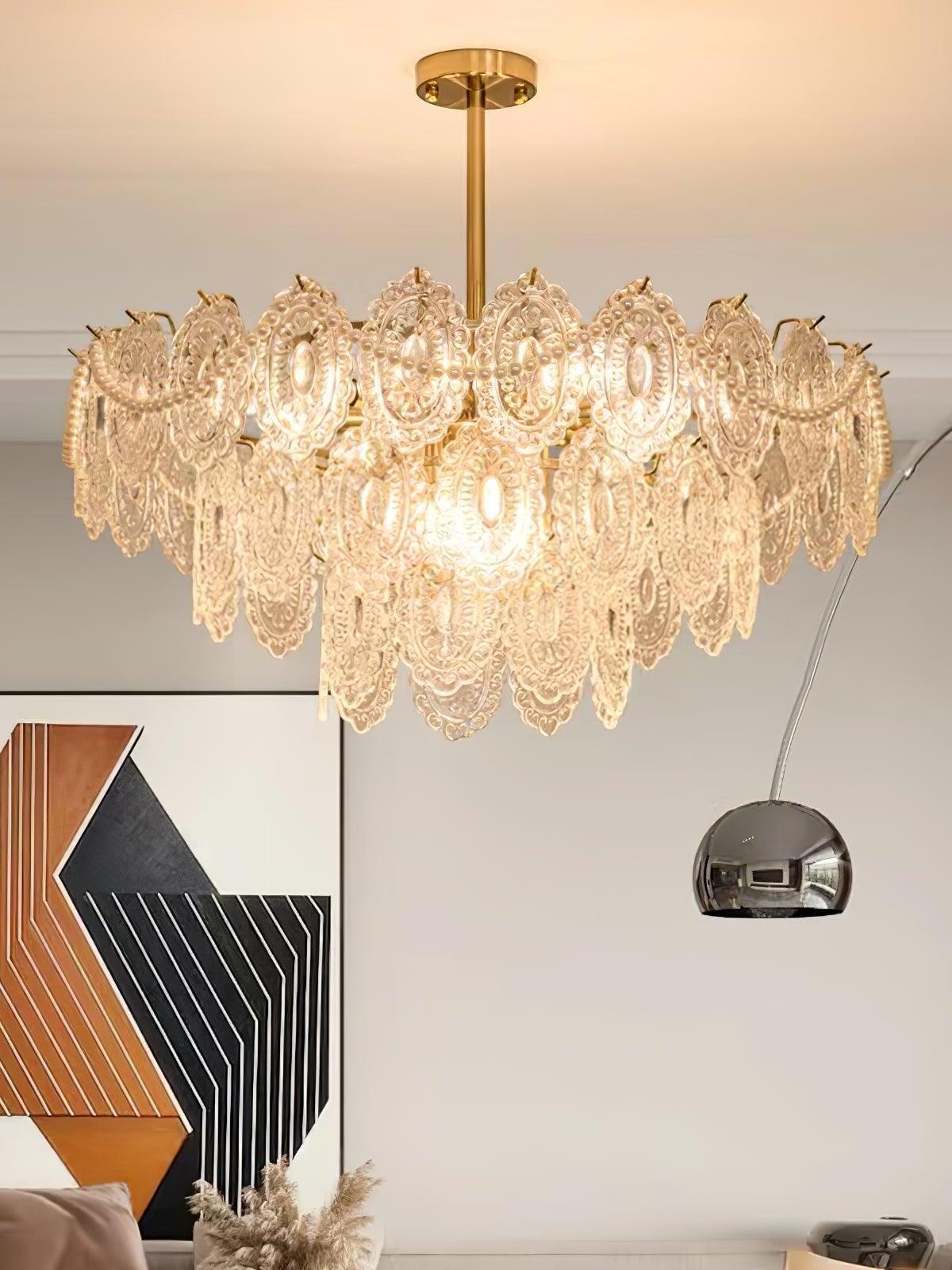 Wide tiered chandelier hanging in living room
