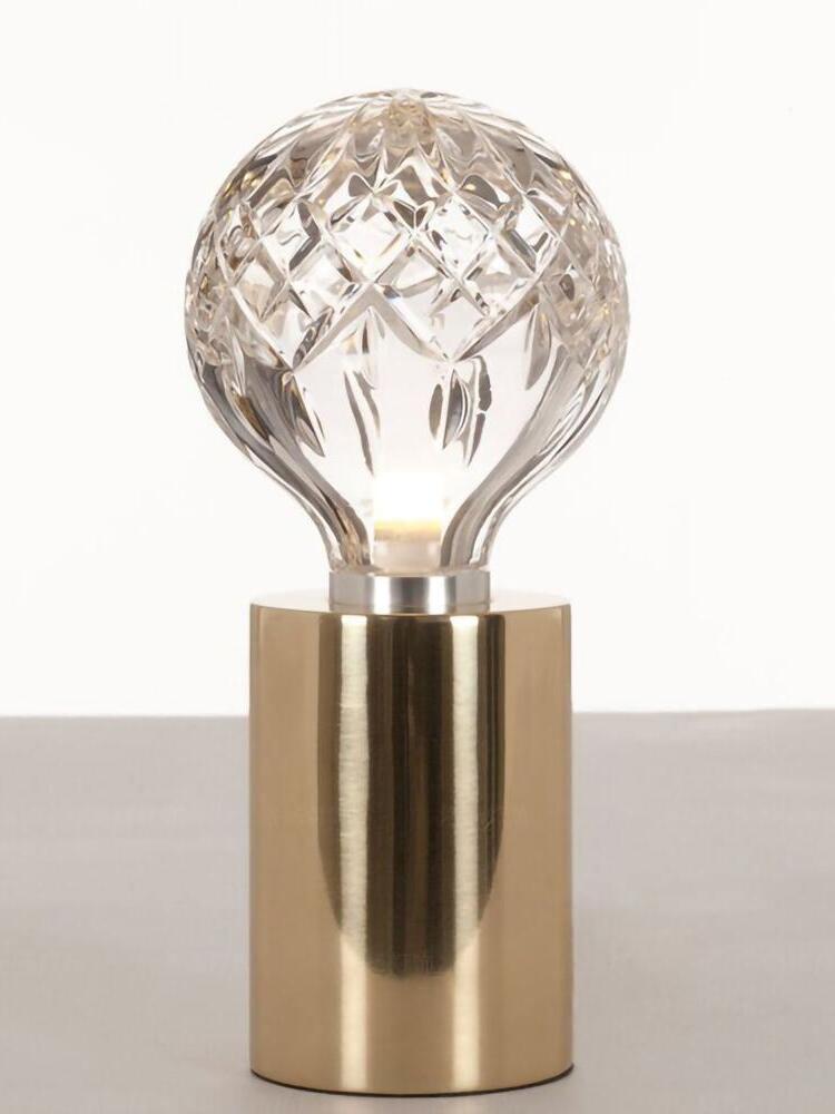 Close clear patterned globe above polished gold-tone cylinder