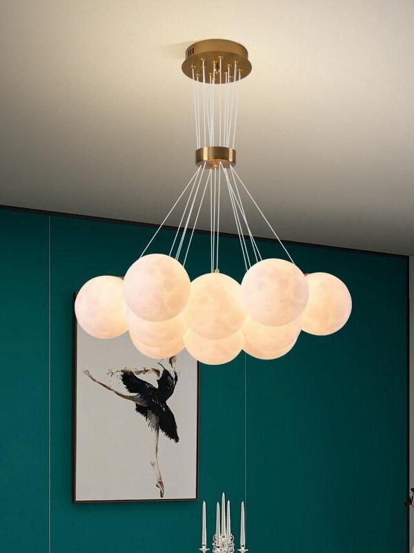 White sphere pendant cluster against a green wall