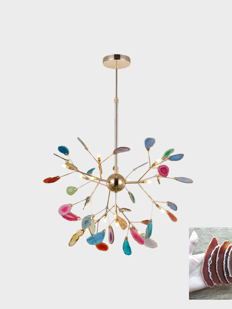 Multicoloured radial stone chandelier with a central gold-coloured ball and an orange-toned stone sample inset