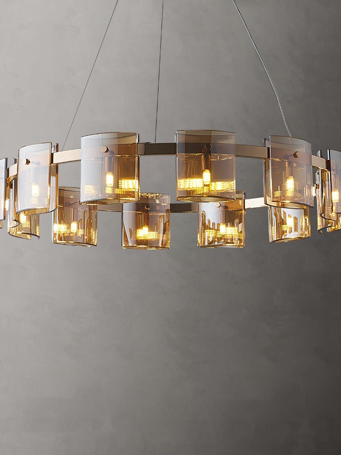 100 cm Gold Corlota chandelier with curved glass panels spaced around a circular frame