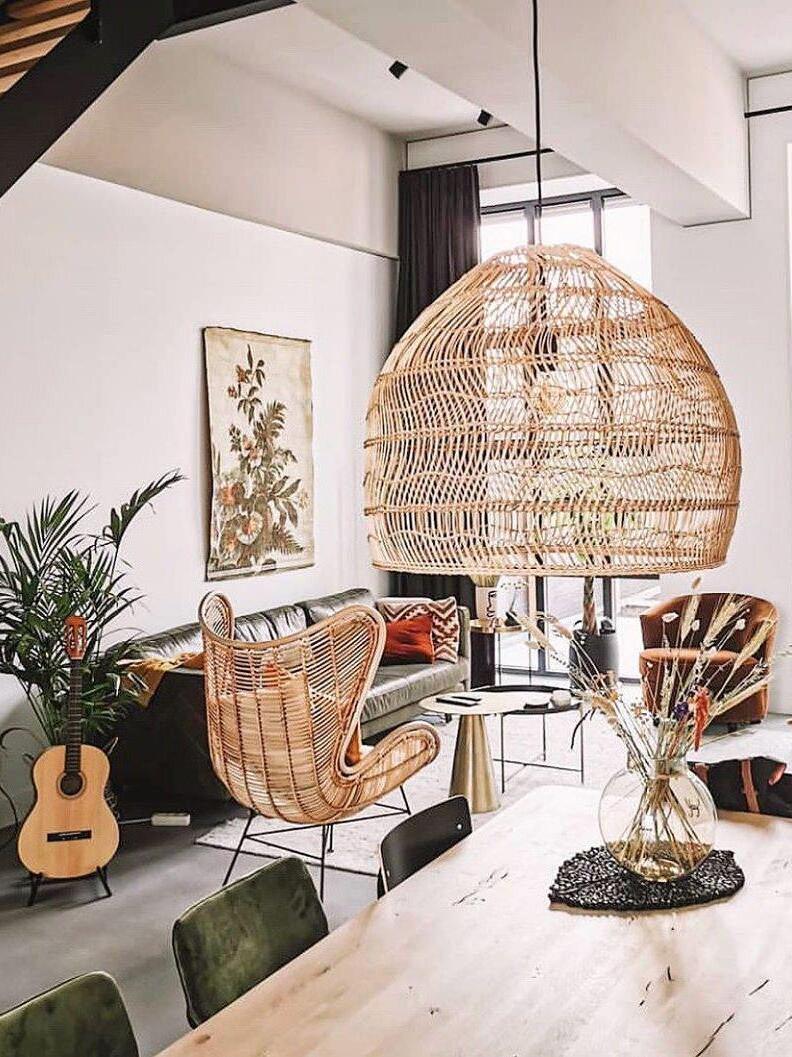 Large woven basket pendant in a furnished room