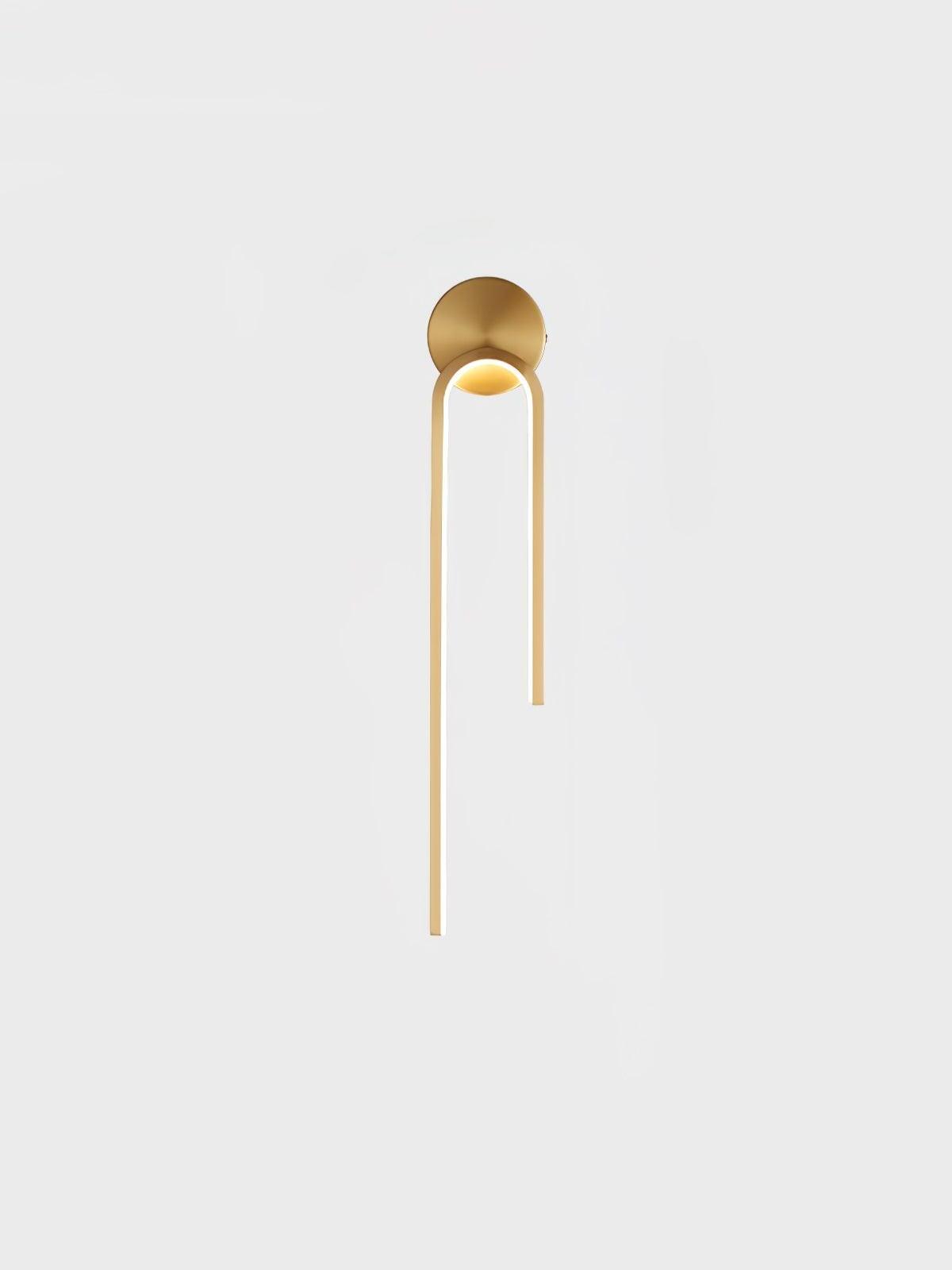 Gold-tone arch with a long left arm and short right arm beneath a round mount on a pale background