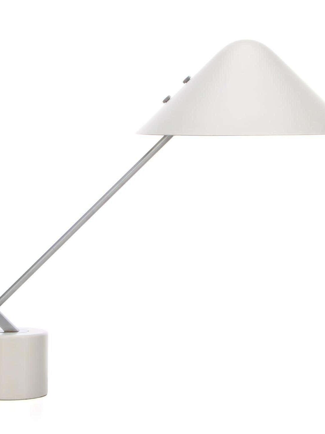 White shade and silver-tone diagonal arm with part of the round base cropped